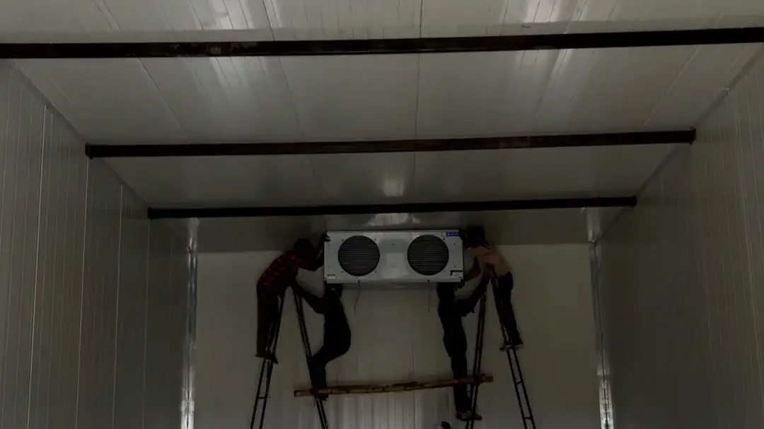 MushroomWale technicians fitting a cooling unit inside a grow room
